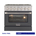 Kucht 36" KDF Series Pro Style Propane Gas Dual Fuel Range - Stainless Steel/Light Blue-6-burner gas range includes one 20,000 BTU dual burner with simmer, one 15,000 BTU burner, one 12,000 BTU burner, two 9,000 BTU burners and one 6,000 BTU