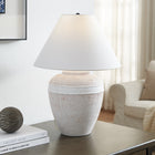 Hudson&Canal Chiara 23" Tall Ceramic Table Lamp with Fabric Shade - White Terracotta/White-Handcrafted white terracotta finish is applied to the round ceramic base