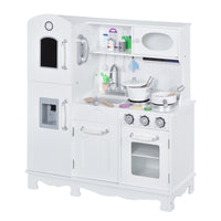 Qaba Large Kids Kitchen Playset With Telephone, Water Dispenser Simulation Cooking Set - White-Abundant kitchen accessories, 15 pieces total 