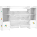 Qaba Kids Bookshelf and Toy Storage Organizer with 8 Removable Storage Bins, Shelves and 2 Cabinets - White-Combines bookcase, toy bins, and cupboard for versatile storage 
