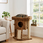 PawHut Small Cat Tower with Perch & Scratching Post - Leopard Print-Made with a solid and stable particle board frame 
