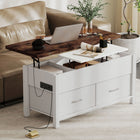HOMCOM Lift Top Coffee Table with Storage and Charging Station - White and Rustic Brown-Spacious storage includes three cubbies and two fabric drawers