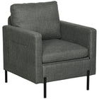 HOMCOM Fabric Accent Chair with Metal Legs - 2 Side Pockets for Bedroom - Grey-Breathable linen-feel fabric resists wrinkles and deformation 
