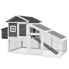 PawHut 69" Wooden Hen House with Run, Nesting Box and Tray - Grey-Quality fir wood construction with elevated house, nesting box, run, ramp, and doors 