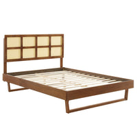 Modway Sidney Cane and Wood Queen Platform Bed with Angular Legs - Walnut-Queen Platform Bed Frame