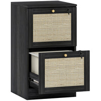 HOMCOM 2-Drawer Letter/A4 Lockable Filing Cabinet - Black-Natural rattan drawer fronts and wood grain finish create boho style accent
