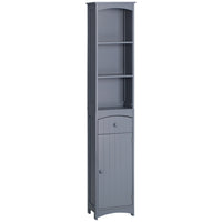 HOMCOM Tall Bathroom Linen Tower Cabinet with Shelves and Drawer - Grey-This tall, modern multipurpose cabinet will match all kinds of furniture