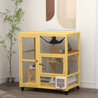 PawHut Wooden Cat House with Flap Door, Platforms and Hammock - Yellow-Equipped with wheels for easy mobility 2 with brakes for stability 
