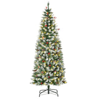 HOMCOM 6' Pre-Lit Snow-Flocked Artificial Christmas Tree with Pine Cones and Berries - Green-6 ft tall artificial Christmas tree with realistic look, berries, pine cones 