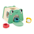 Janod Toy Box 4-Piece Set for 12 Months-Features a shape-sorting box, wooden ducks, a rain stick, and a peg puzzle.