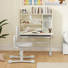 Qaba Height Adjustable Children Study Table and Chair Set with Tiltable Desktop, Drawer and Shelves - Grey-Large drawer and hutch with compartments keep desktop neat and tidy 