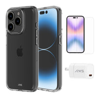 AXS Starter Kit bundle Ultra Clear Case, Screen Protector and 20w Charger for Apple iPhone 15 Pro-Drop-tested, scratch resistant phone case with shock absorbing air pockets