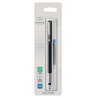 Parker Vector Fountain Pen - Black with Chrome Trim - Medium Nib - Blue Ink-Bold, modern colours pair with sharp designs for an accessible introduction to fine writing