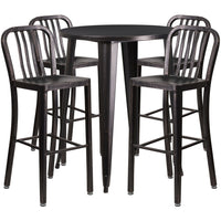 30'' Round Black-Antique Gold Metal Indoor-Outdoor Bar Table Set with 4 Vertical Slat Back Barstools [CH-51090BH-4-30VRT-BQ-GG]-Metal Cafe Bar Table