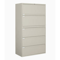 Global 5 Drawer Filing Cabnet, Business Grey-Four fixed front drawers plus top drawer with receding door and roll-out shelf