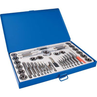 Gray Tools 40 Piece SAE Carbon Tap & Die Set, Includes Storage Case-Contains: 1" O.D. round dies: 4-40, 6-32, 8-32, 10-24, 10-32, 12-24, 1/4"-20, 1/4"-28, 5/16"-18, 5/16"-24, 3/8"-16, 3/8"-24, 7/16"-14, 7/16"-20, 1/2"-13, 1/2"-20, 1/8"-27 NPT, 1 Die Stock, Screw Pitch Gauge, 2 Tap Wrenches and Screwdriver.