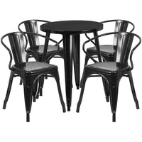 24'' Round Black Metal Indoor-Outdoor Table Set with 4 Arm Chairs (CH-51080TH-4-18ARM-BK-GG)-Indoor Outdoor Sets