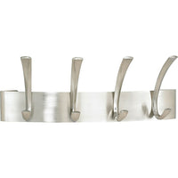 Safco 4-Hook Metal Coat Rack, Brushed Nickel-These metal coat hooks have an alluring brushed nickel finish made of steel, with a matching back plate that arcs outward from wall