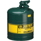 Justrite Type I Safety Cans without Funnel, 5 Gal." x 11 3/4" x 16 7/8", Green-Compliant Type I Safety Cans are designed with a single spout for filling and pouring of all types of flammable liquids