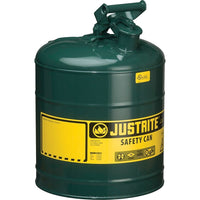 Justrite Type I Safety Cans without Funnel, 5 Gal." x 11 3/4" x 16 7/8", Green-Compliant Type I Safety Cans are designed with a single spout for filling and pouring of all types of flammable liquids