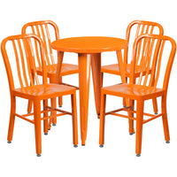 24'' Round Orange Metal Indoor-Outdoor Table Set with 4 Vertical Slat Back Chairs [CH-51080TH-4-18VRT-OR-GG]-Metal Cafe Table