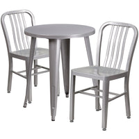 24'' Round Silver Metal Indoor-Outdoor Table Set with 2 Vertical Slat Back Chairs [CH-51080TH-2-18VRT-SIL-GG]-Metal Cafe Table