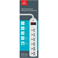 Globe 6 Outlets Power Bar With 3' Cord and Safety Covers, White-For general indoor use