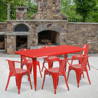 Flash Furniture 31.5'' x 63'' Rectangular Red Metal Indoor-Outdoor Table Set with 6 Arm Chairs (ET-CT005-6-70-RED-GG)-Galvanized Steel, Metal, Rubber