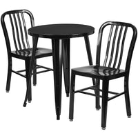 24'' Round Black Metal Indoor-Outdoor Table Set with 2 Vertical Slat Back Chairs [CH-51080TH-2-18VRT-BK-GG]-Metal Cafe Table