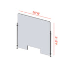 Mark Maker Rod Sneeze Guard - 30" W x 31.5" H panel 1/4" Clear Acrylic and 24" high aluminum rod set - with 4" x12" pass through-Made from 1/4” clear acrylic.