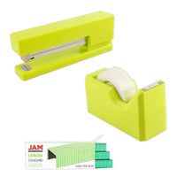 JAM Paper Office & Desk Sets, Tape Dispenser Stapler Pack of Staples, Lime Green and Green (33758LGGR)-Colour: Lime Green