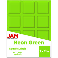 JAM Paper Square Address Labels - 2" x 2" - Neon Green - 120 Pack -English only packaging