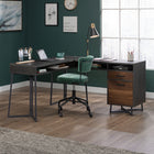 Sauder 57"W Canton Lane L-Desk - Grand Walnut-Two drawers; lower drawer with full extension slides holds letter-size hanging files.