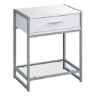 Monarch Specialties 3503 Accent Table - 22"H/White/ Silver Metal/ Tempered Glass-One storage drawer on metal glides with a sleek silver metal handle