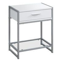 Monarch Specialties 3503 Accent Table - 22"H/White/ Silver Metal/ Tempered Glass-One storage drawer on metal glides with a sleek silver metal handle