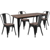 Flash Furniture 30.25" x 60" Black Wood Top Metal Table Set and 4 Stack Chairs-Black/Galvanized Steel, Metal, Plastic, Rubber, Wood