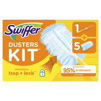 Swiffer 180 Dusters Starter Kit, Unscented, 5 Pack-Swiffer 180 Dusters TRAP + LOCK dust & allergens* 
*common inanimate allergens from cat and dog dander & dust mite matter