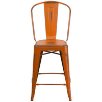 Flash Furniture 24" High Distressed Orange Metal Indoor-Outdoor Counter Height Stool with Back-Bistro Style Counter Stool