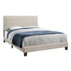 Monarch Specialties 5921Q Queen Size Bed - Beige Linen-Low profile queen bed frame upholstered in a beautiful beige linen look fabric - padded headboard boasts an elegant tufted design