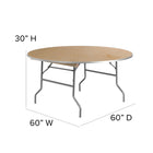 Flash Furniture 60" Round HEAVY DUTY Birchwood Folding Banquet Table with METAL Edges-Quadruple Coated Polyurethane Varnish Top