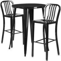 30'' Round Black Metal Indoor-Outdoor Bar Table Set with 2 Vertical Slat Back Barstools [CH-51090BH-2-30VRT-BK-GG]-Metal Cafe Bar Table