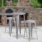24'' Round Silver Metal Indoor-Outdoor Bar Table Set with 2 Square Seat Backless Barstools (CH-51080BH-2-30SQST-SIL-GG)-24"W x 24"D x 41"H