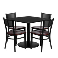 Flash Furniture 36'' Square Black Laminate Table Set with Round Base and 4 Grid Back Metal Chairs, Mahogany Wood Seat-Black Powder Coated Chair and Table Frame