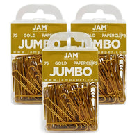 JAM Paper Coloured Jumbo Paper Clips, Large, Gold Paperclips, 3 Packs of 75, 225 Total (21832060b)-Gold Metal