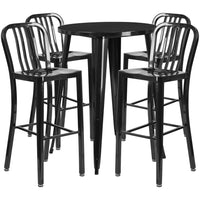 30'' Round Black Metal Indoor-Outdoor Bar Table Set with 4 Vertical Slat Back Barstools [CH-51090BH-4-30VRT-BK-GG]-Metal Cafe Bar Table