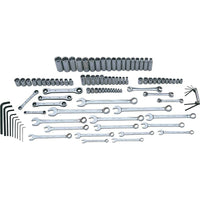 Gray Tools 104 Piece Metric Add On Set For Ms1420-Contains: 12PC 1/4" Dr. Socket Set, 11PC 3/8" Dr. Socket Set, 12PC 3/8" Dr. Deep Socket Set, 12PC 1/2" Dr. Socket Set, 18PC 1/2" Dr. Deep Socket Ser, 9PC S2 Long Arm Hex Set, 7PC S2 Short Folding Hex Set, 3PC Metric Flare Nut Wrench Set, 15PC Metric Combination Wrench Set and 5PC Metric Ratcheting Wrench Set.