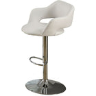 Monarch Specialties 2358 Barstool - White/Chrome Metal Hydraulic Lift-This cool contemporary bar chair will be a stylish addition to your casual dining and entertainment area. The plush curved stool back and seat are covered in white leatherette to complement your taste. A shiny steel base with a high polished chrome finish supports the chair, with a hydraulic life and round footrest below for comfort. Transform your home into a fun hangout with this stylish bar stool.