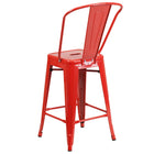 Flash Furniture 24" High Red Metal Indoor-Outdoor Counter Height Stool with Back-Curved Back with Vertical Slat