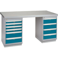 Kleton Workbench, Wood Filled Steel Top, 2 Pedestals, 6 Drawers, 4 Drawers, 30"W. x 72"L. x 34"H.-34" overall height