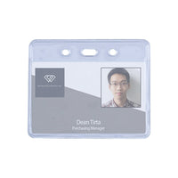Beslayn Horizontal Heavy Duty Vinyl ID Badge Holder with Full Flip, 3-3/8" x 2-3/8", Clear, 50 Pack-Strap clip can lock-in the ID cards to keep it safe and secured when attachment is inserted into the slots